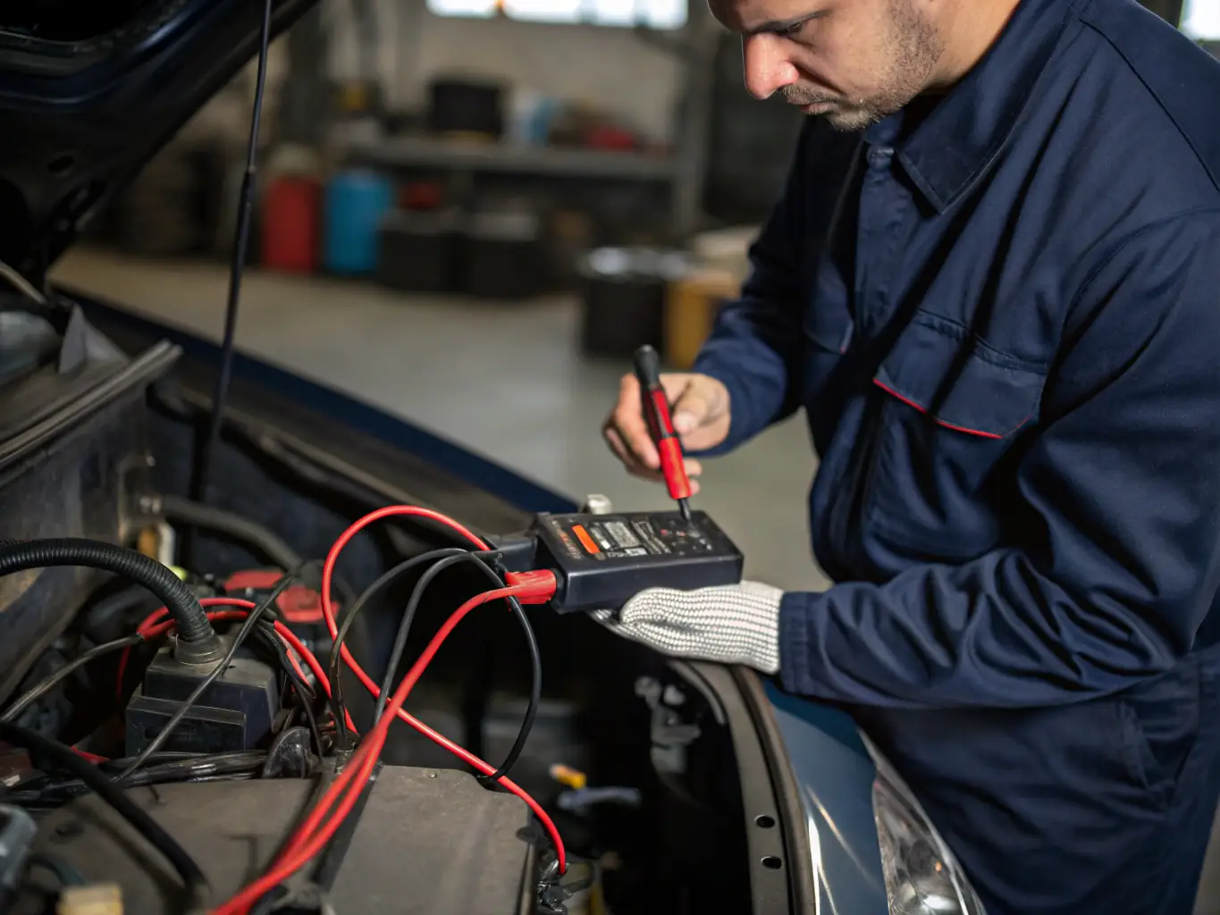 A technician diagnosing an issue on a truck's electrical system using diagnostic tools, showcasing the expertise in handling complex repairs.