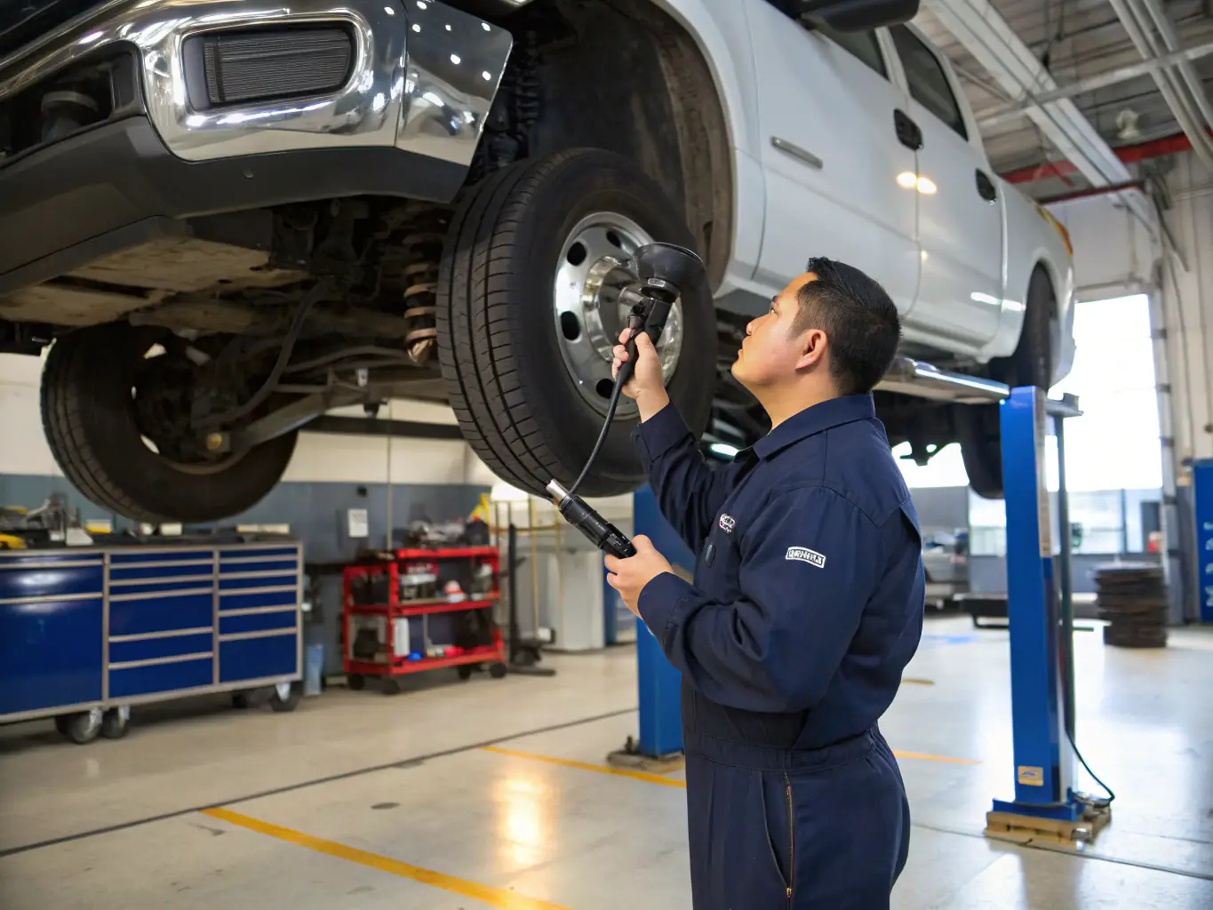 A mechanic performing a detailed inspection of a truck engine in a well-lit service bay, highlighting the precision and care taken during maintenance.