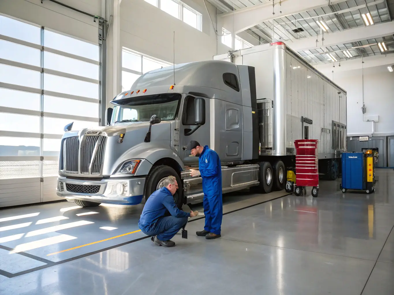 A specialized truck service bay equipped with advanced diagnostic equipment, focusing on the technological aspect of specific issue resolutions.